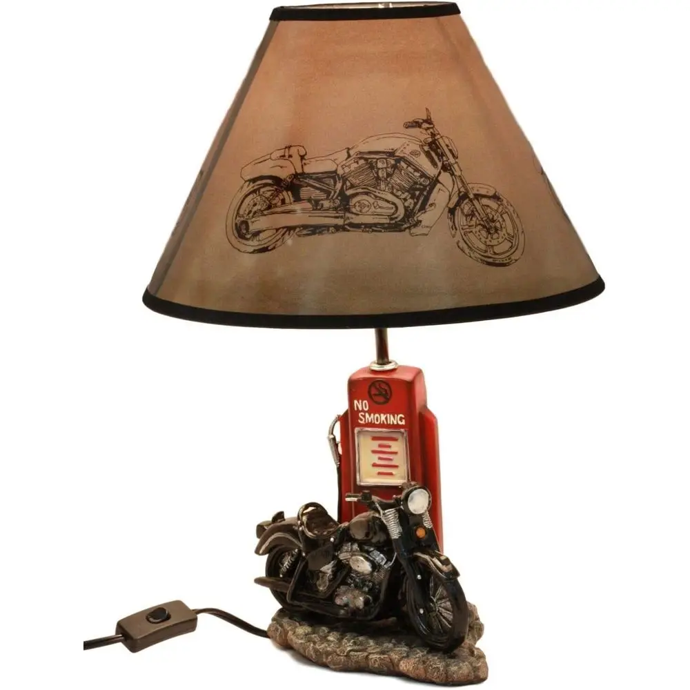 Decor Lighting Lamps - Vintage Retro Schwarze Motorrad-Benzinpumpen-Tischlampe mit Lampenschirm,